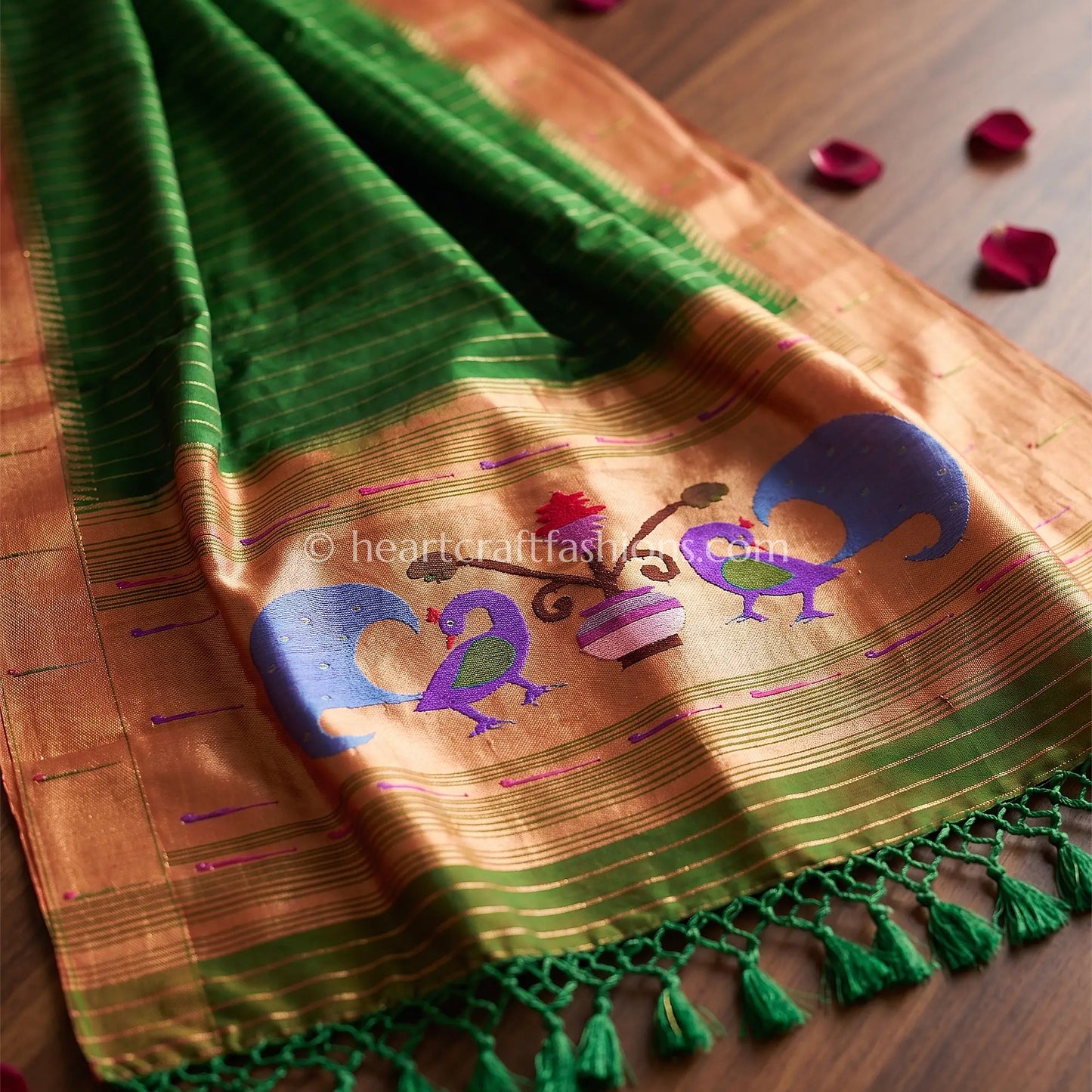 Emerald Green Peacock Detailing Pure Paithani Handloom Silk Dupatta