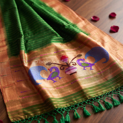 Emerald Green Peacock Detailing Pure Paithani Handloom Silk Dupatta