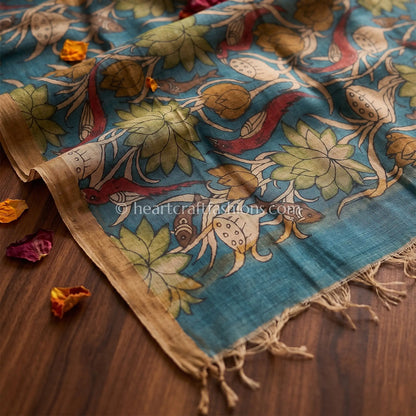 Teal Blue Tusser Kalamkari Dupatta