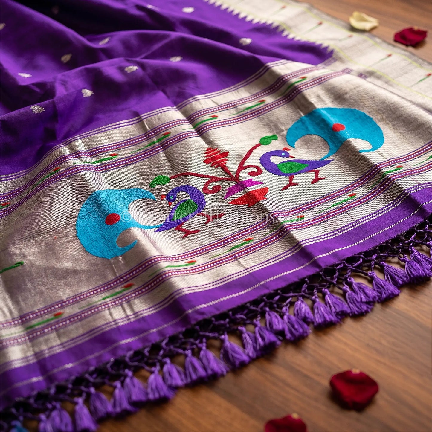 Royal Violet Pure Paithani Handloom Silk Dupatta With Silver Zari