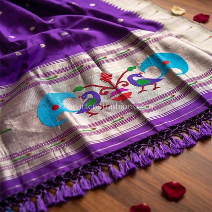 Royal Violet Pure Paithani Handloom Silk Dupatta With Silver Zari