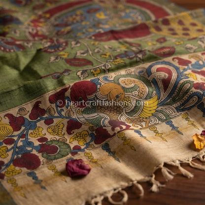 Olive Green Tusser Kalamkari Peacock Circle Dupatta