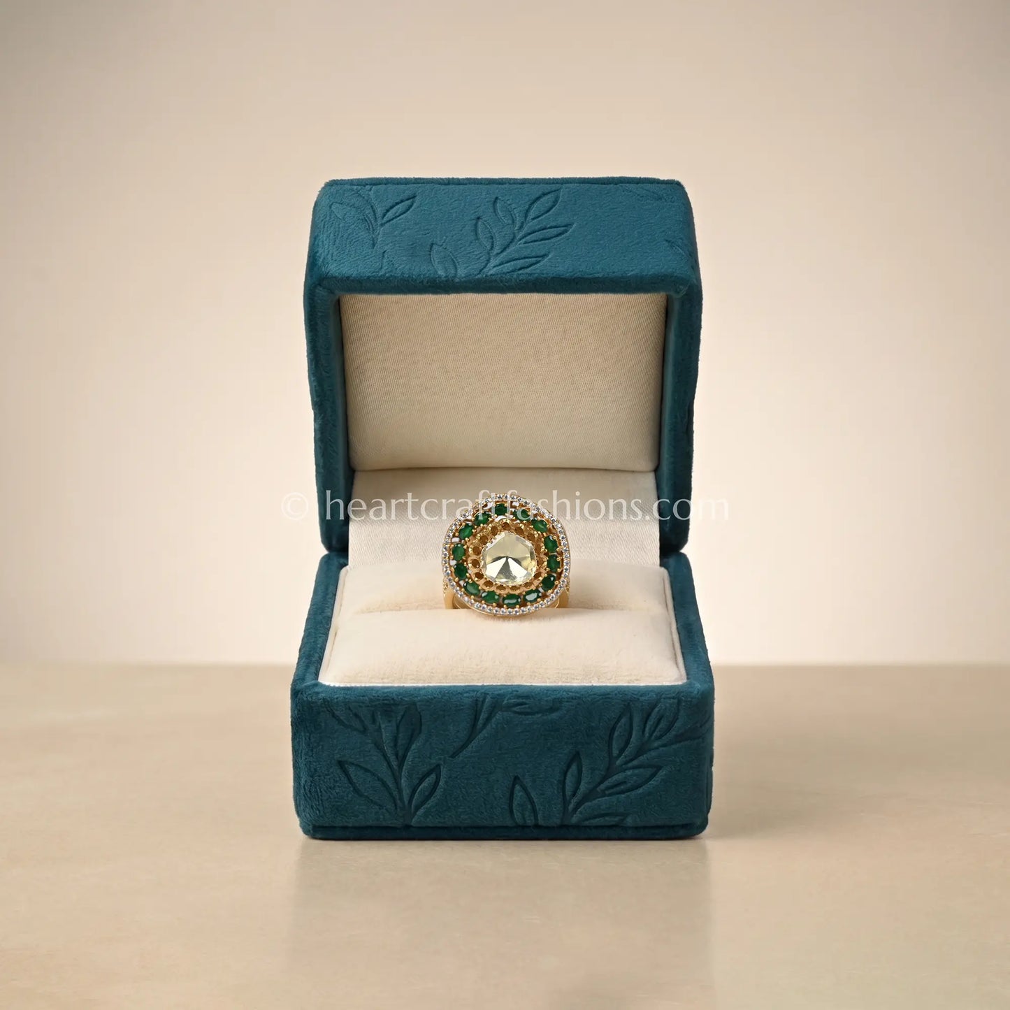 Emerald Halo crown Moissanite Polki Ring