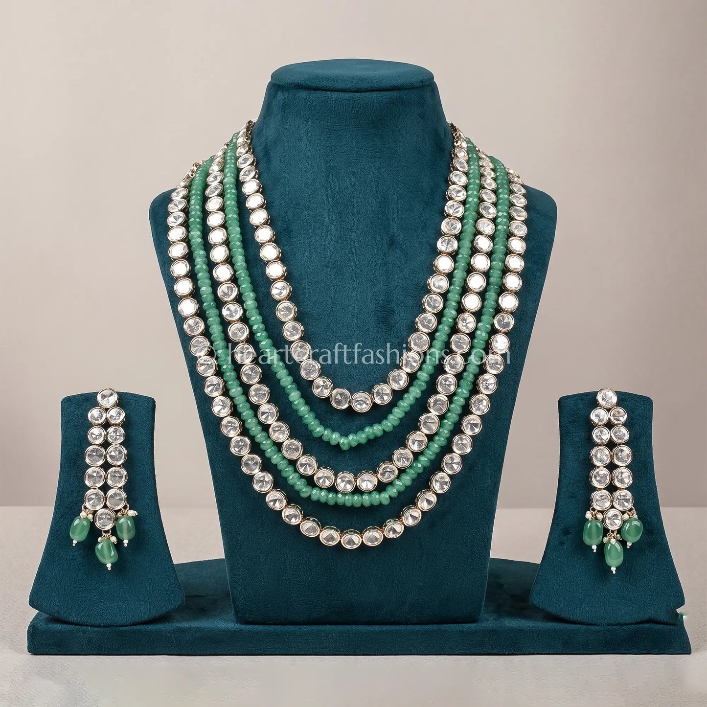 Refined Uncut Sunehri Kundan Green Beaded Layered Haar