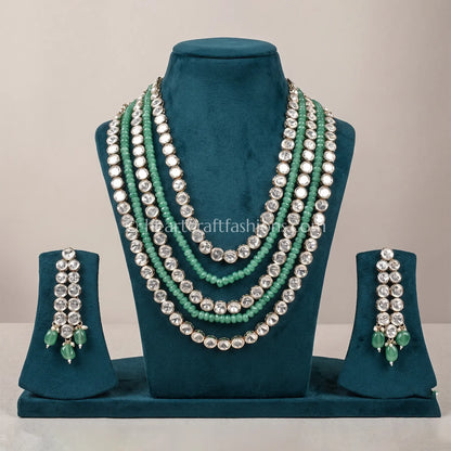 Refined Uncut Sunehri Kundan Green Beaded Layered Haar