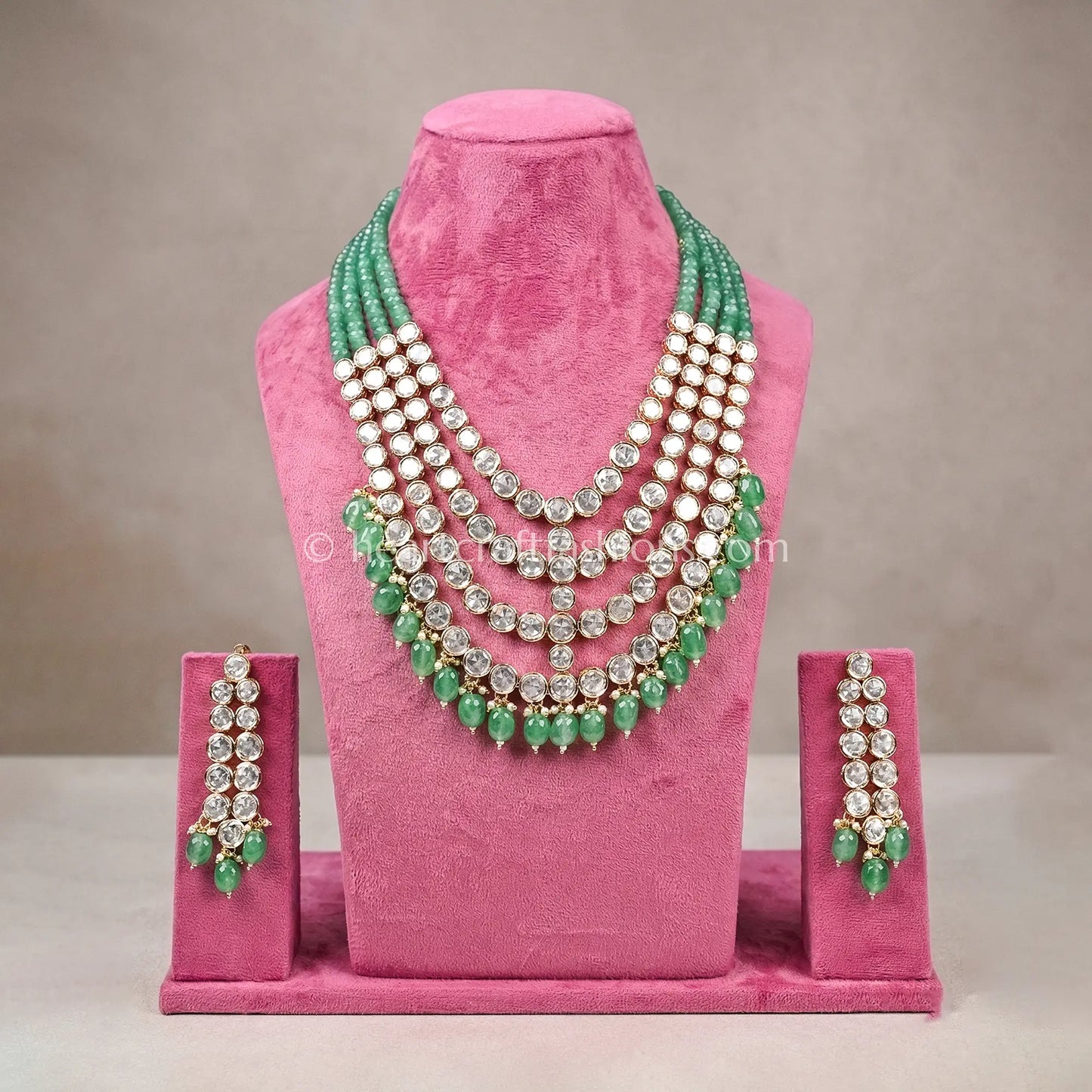 Emerald Green Sunehri Kundan Uncut Layered Rani Haar Set