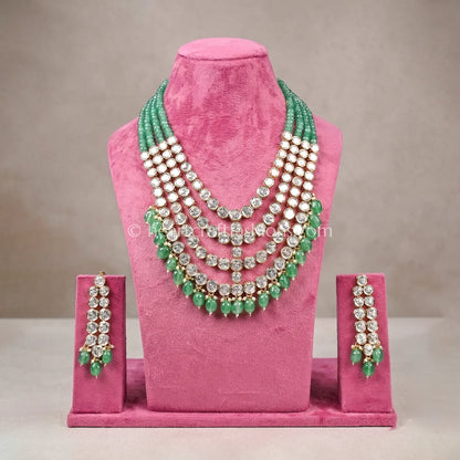 Emerald Green Sunehri Kundan Uncut Layered Rani Haar Set