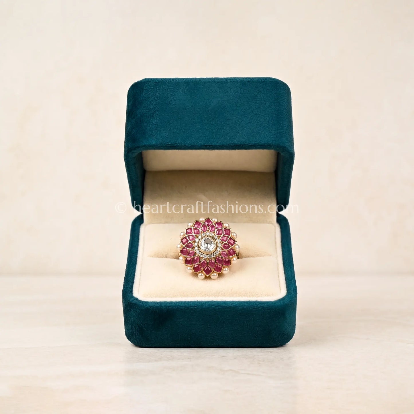 Ruby Blossom Moissanite Polki Ring