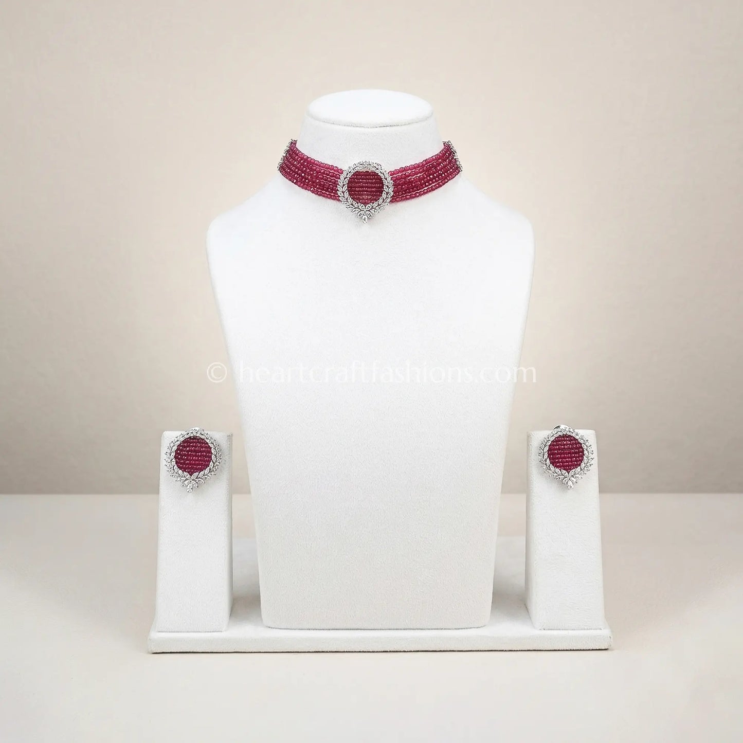 Ruby Red Beaded Choker with Circular Wreath Brooch