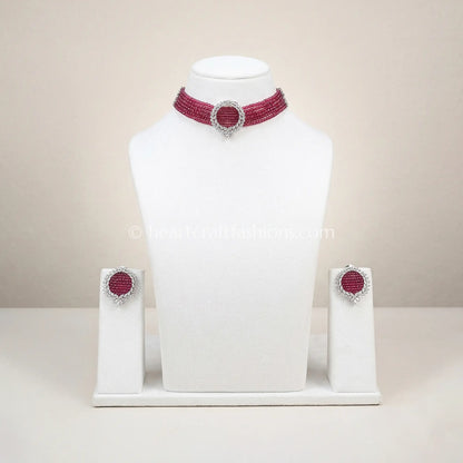 Ruby Red Beaded Choker with Circular Wreath Brooch