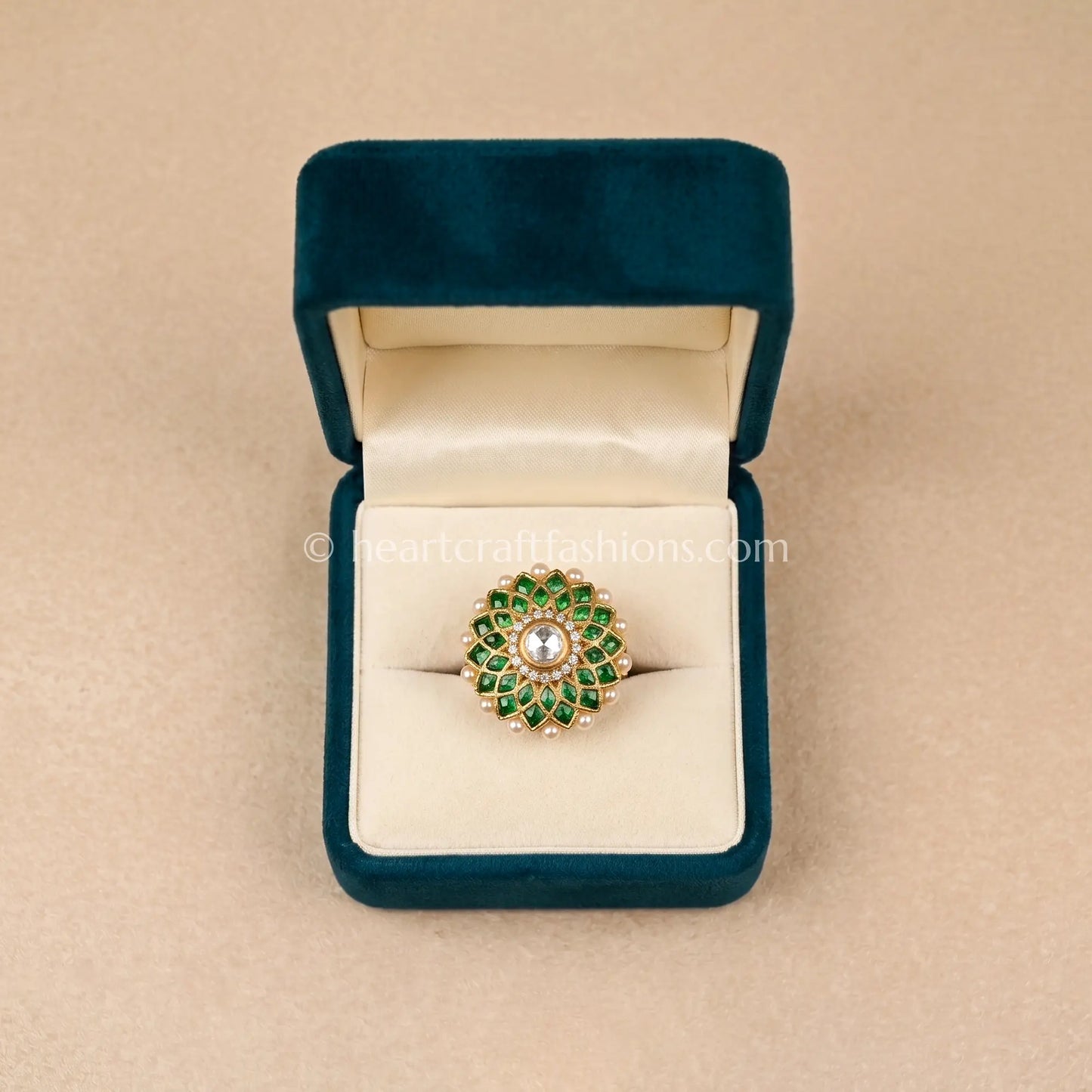 Emerald Lotus Moissanite Polki Ring