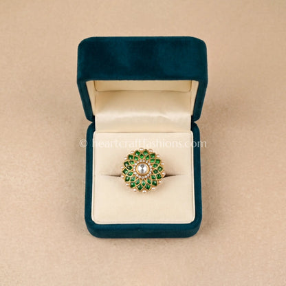 Emerald Lotus Moissanite Polki Ring