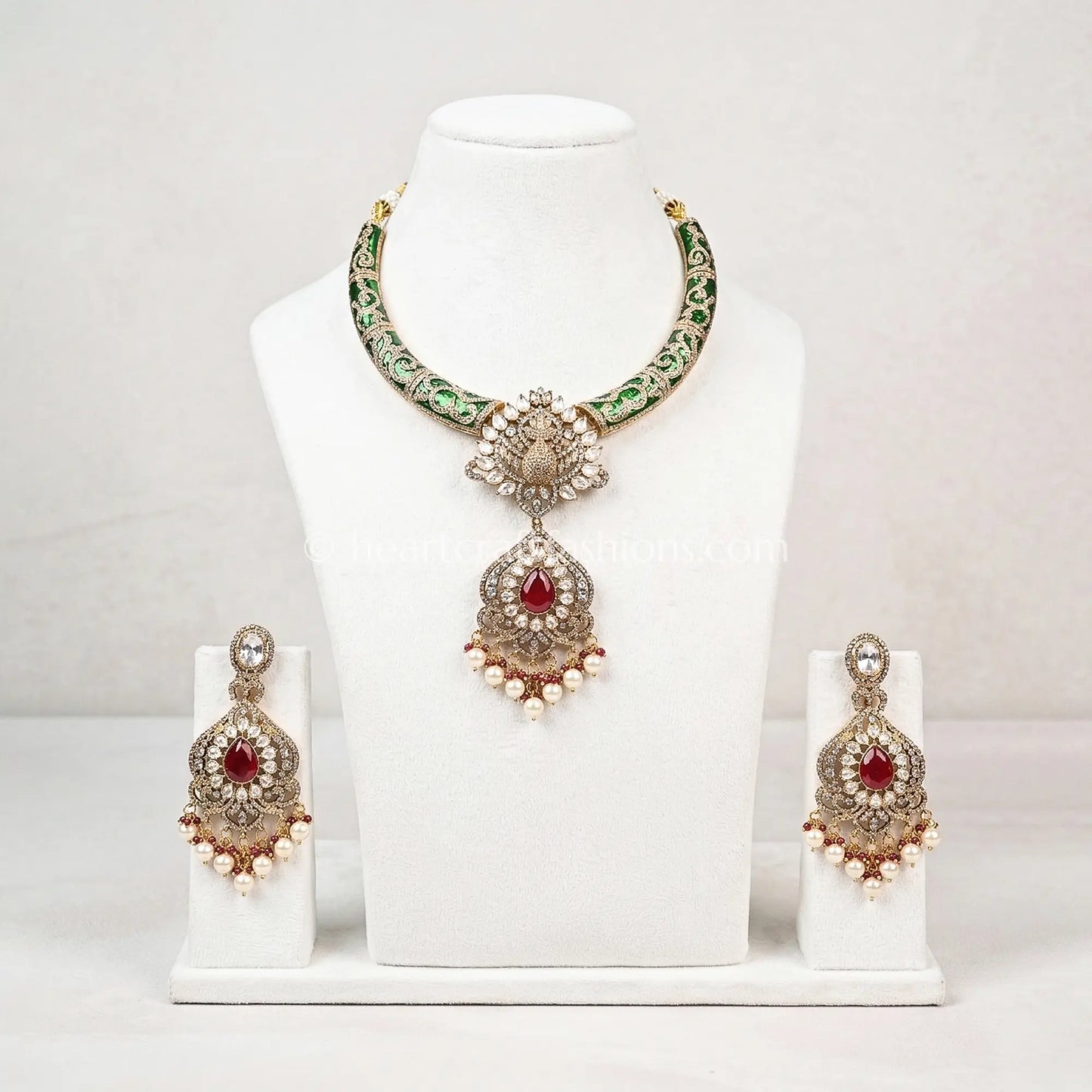 Ruby Red Moissanite Meenakari Hasli Pendant Set