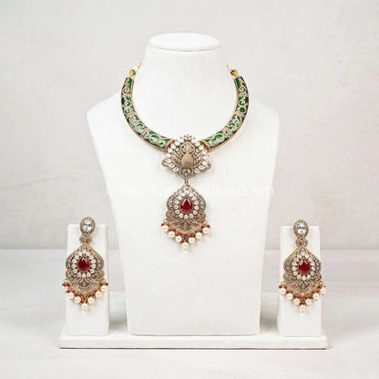 Ruby Red Moissanite Meenakari Hasli Pendant Set