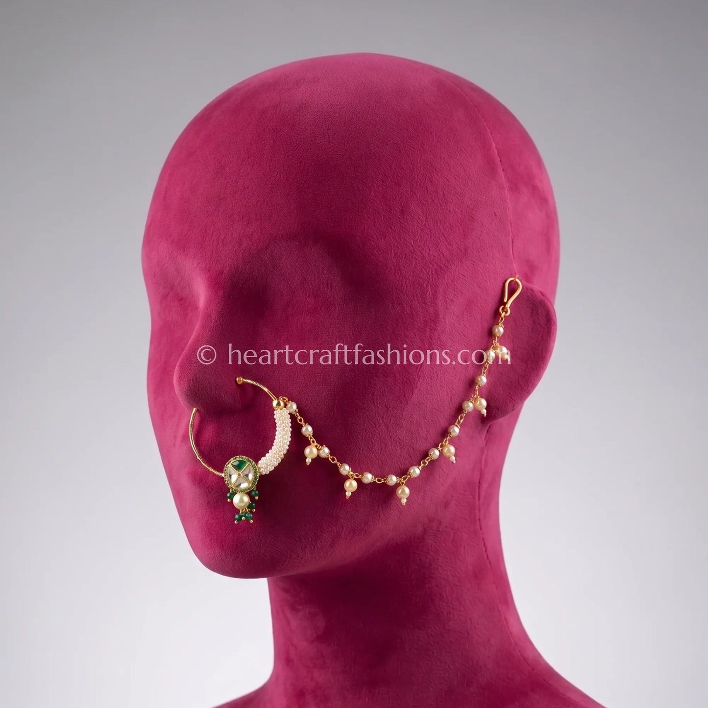 Emerald Core Sunehri Kundan Ring Nath with Pearl Fringe Chain