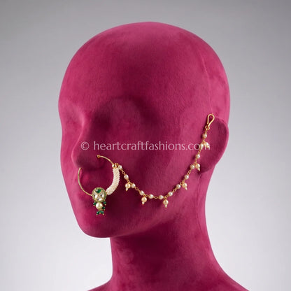 Emerald Core Sunehri Kundan Ring Nath with Pearl Fringe Chain