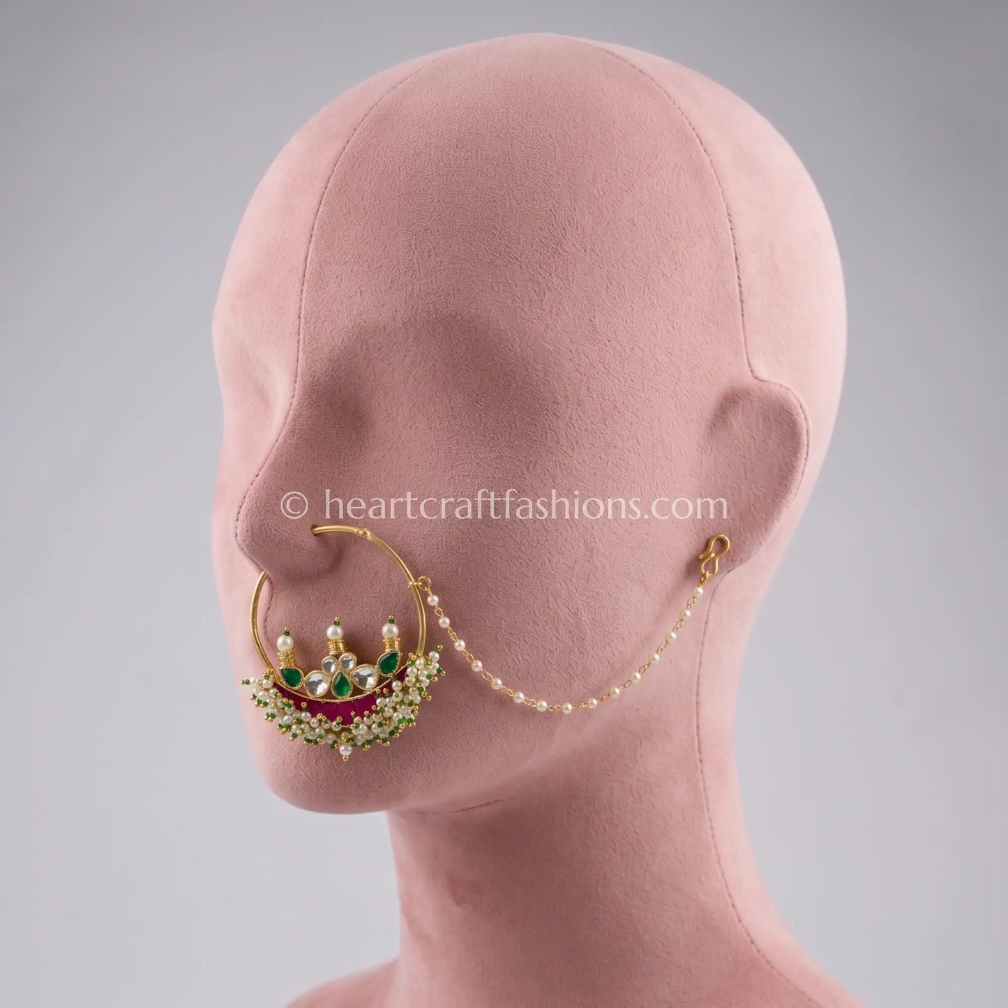Grand Crown Crest Pachi Kundan Ring Nath with Chain