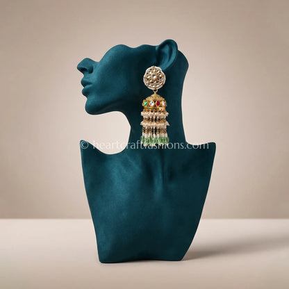 Rajsi Navratna Pachi Kundan Mint Bead Jhumka