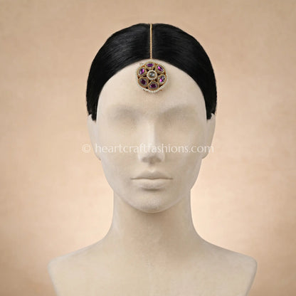Rajwadi Ruby-Studded Floral Borla with Pearl Trim