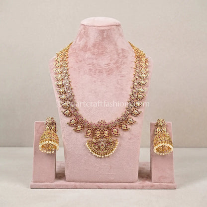 Ruby Pink Kemp Stone Temple Necklace Set