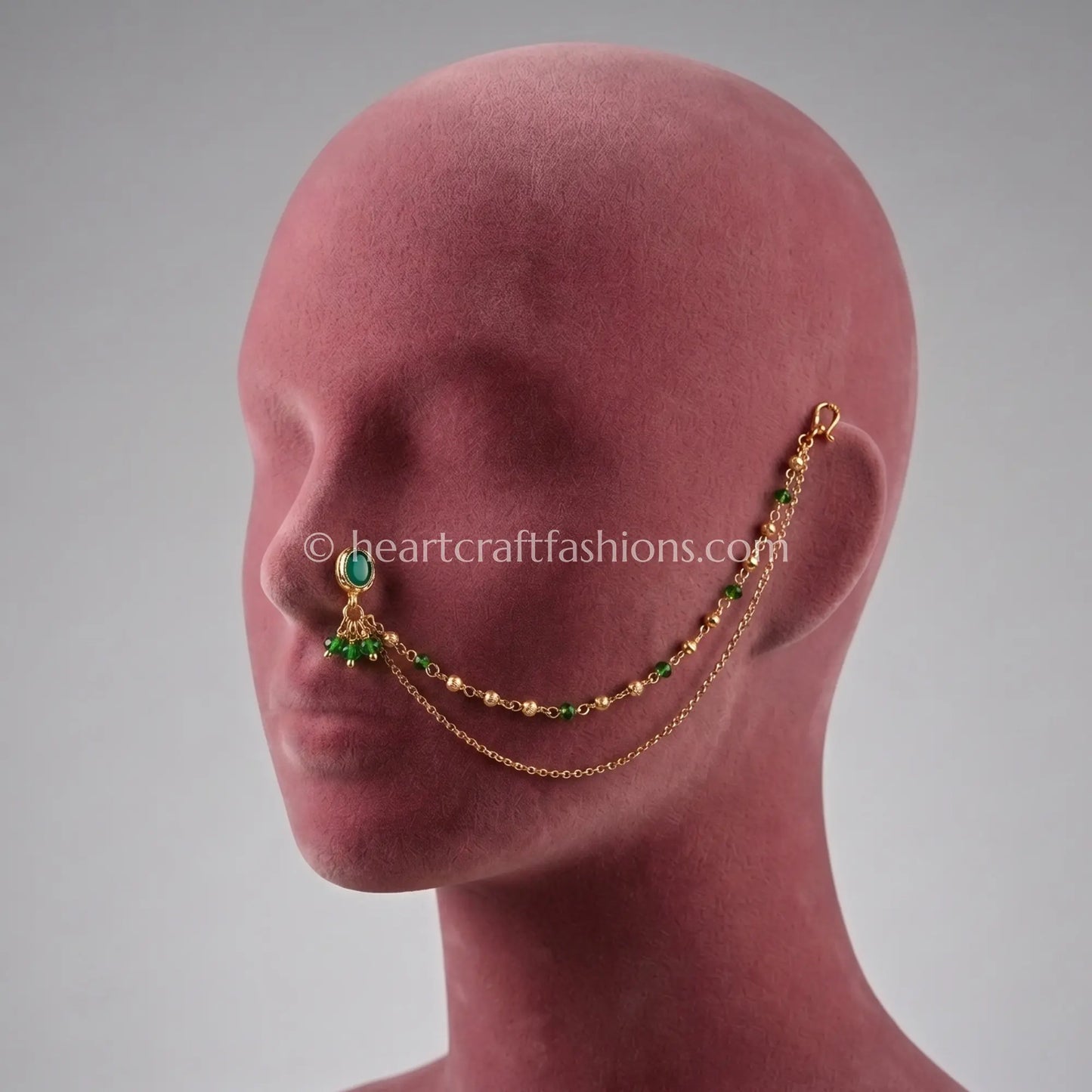 Round Emerald Heritage Kundan Press Nath with Layered Chain