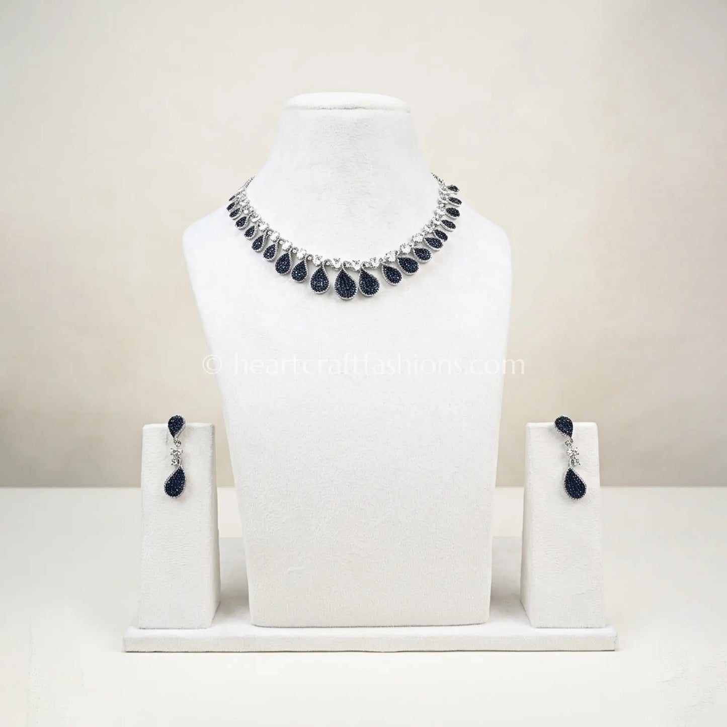 Sapphire Blue Pave Teardrop Fringe Necklace Set