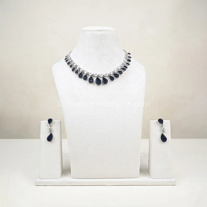 Sapphire Blue Pave Teardrop Fringe Necklace Set