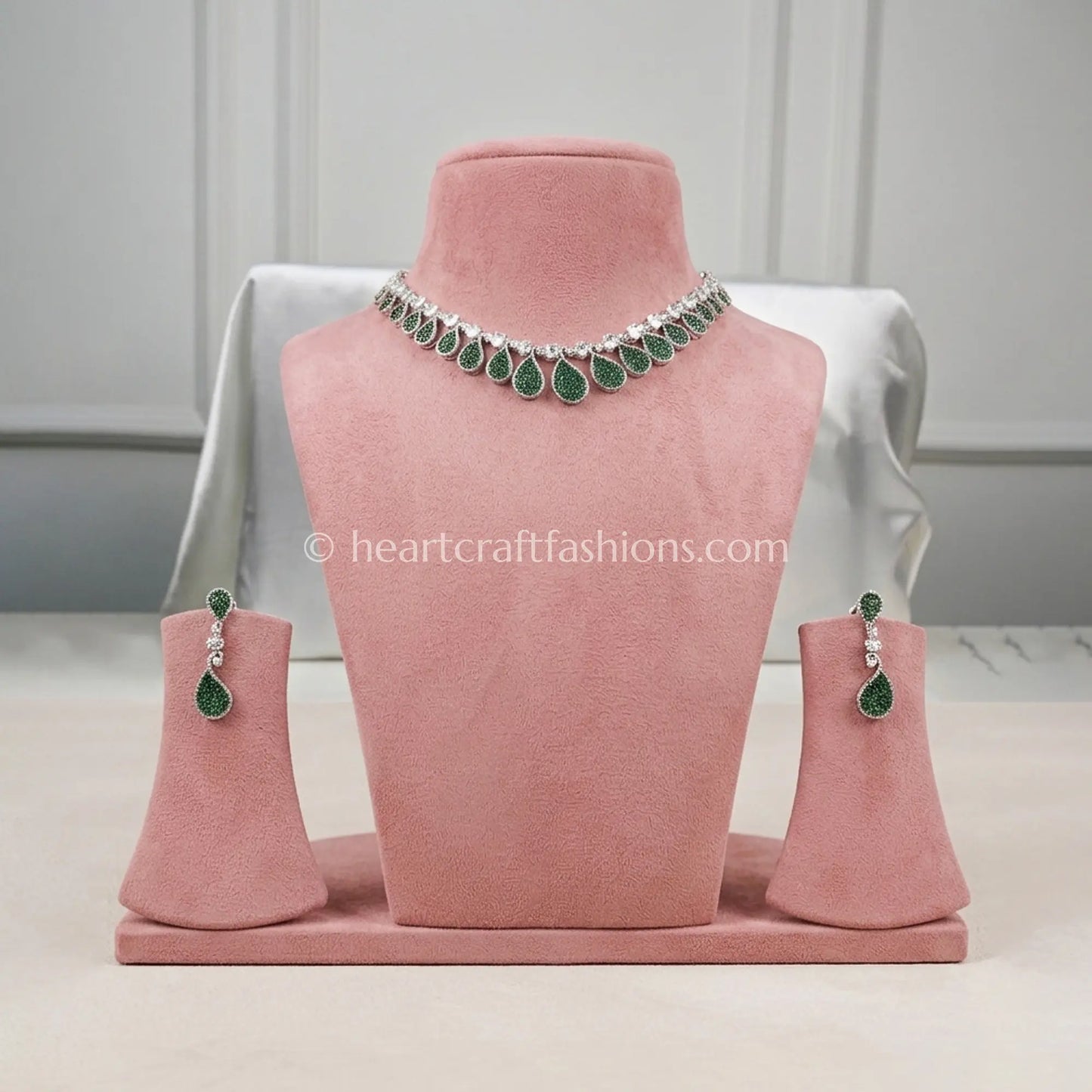 Emerald Green Pave Teardrop Fringe Necklace Set