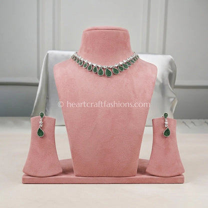 Emerald Green Pave Teardrop Fringe Necklace Set