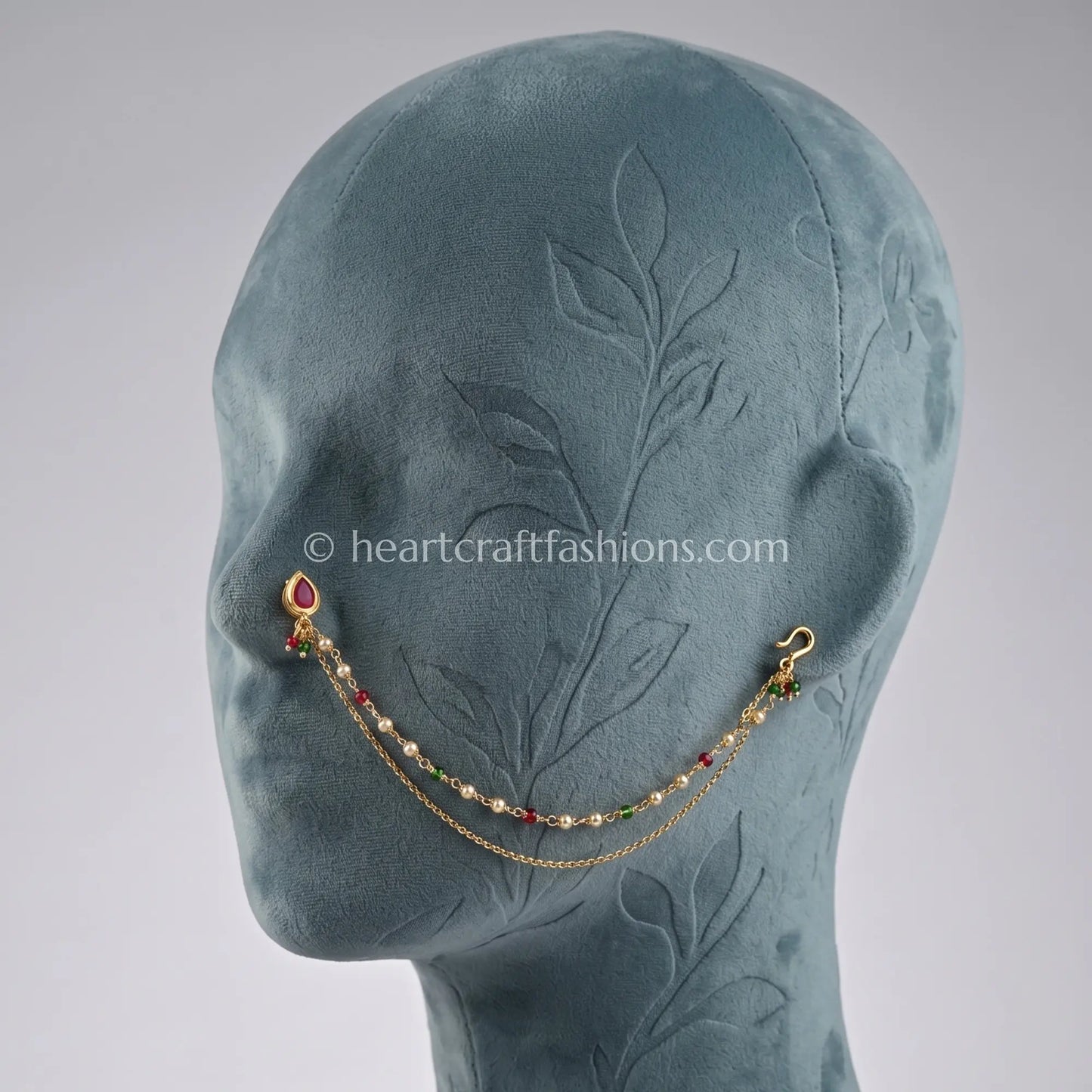 Teardrop Ruby Heritage Kundan Press Nath with Layered Chain