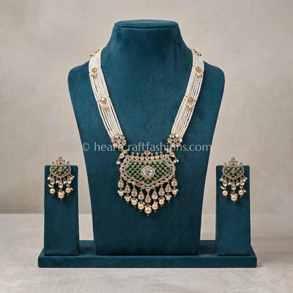 Emerald Green Sunehri Kundan Pearl Layered Necklace Set