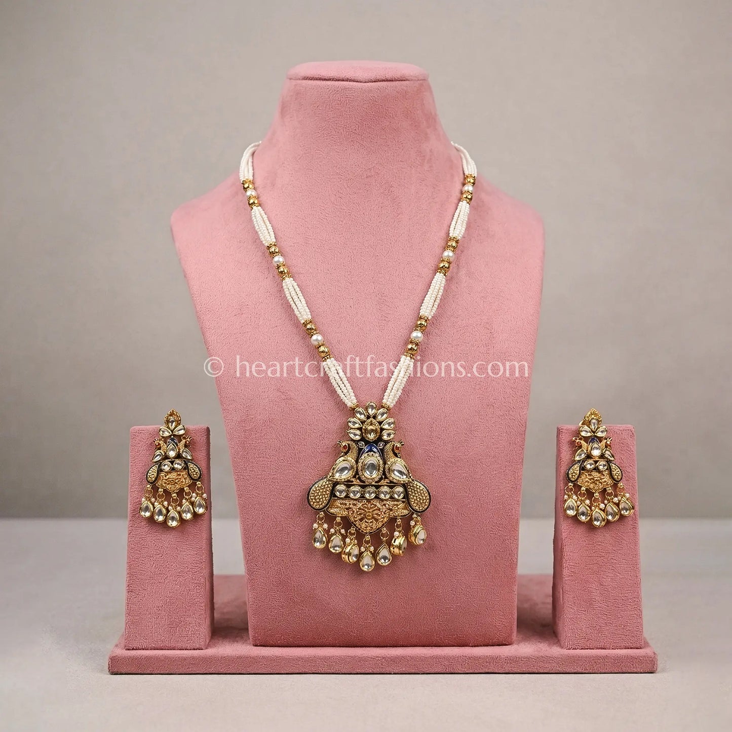 Peacock Motif AC Kundan Pearl Pendant Set