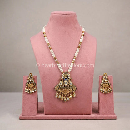 Peacock Motif AC Kundan Pearl Pendant Set