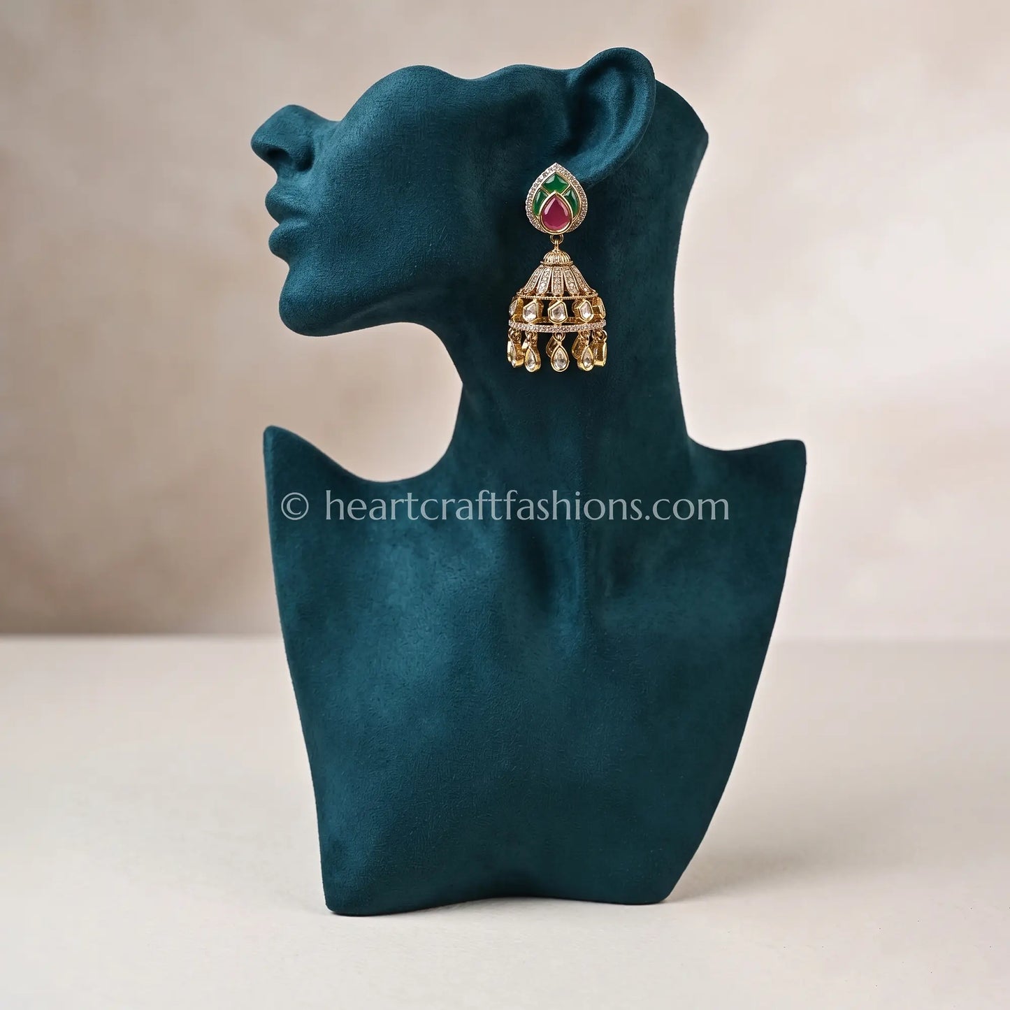 Sunehri Kundan Ruby Emerald Jhumka Earrings