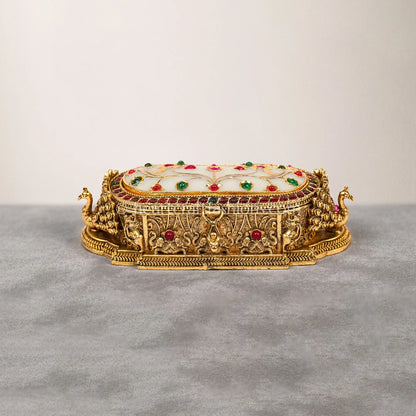 Royal Peacock Sindoor Box (Ivory Enamel & White Stone)