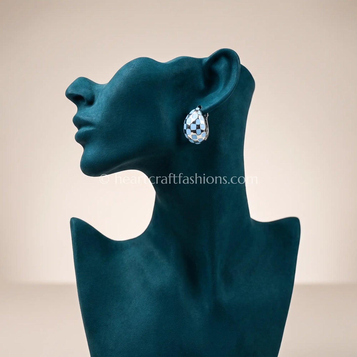 Pure Silver Teardrop Dome Studs – Hallmarked Sky Blue Checkerboard Enamel
