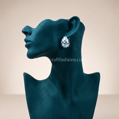 Pure Silver Teardrop Dome Studs – Hallmarked Sky Blue Checkerboard Enamel
