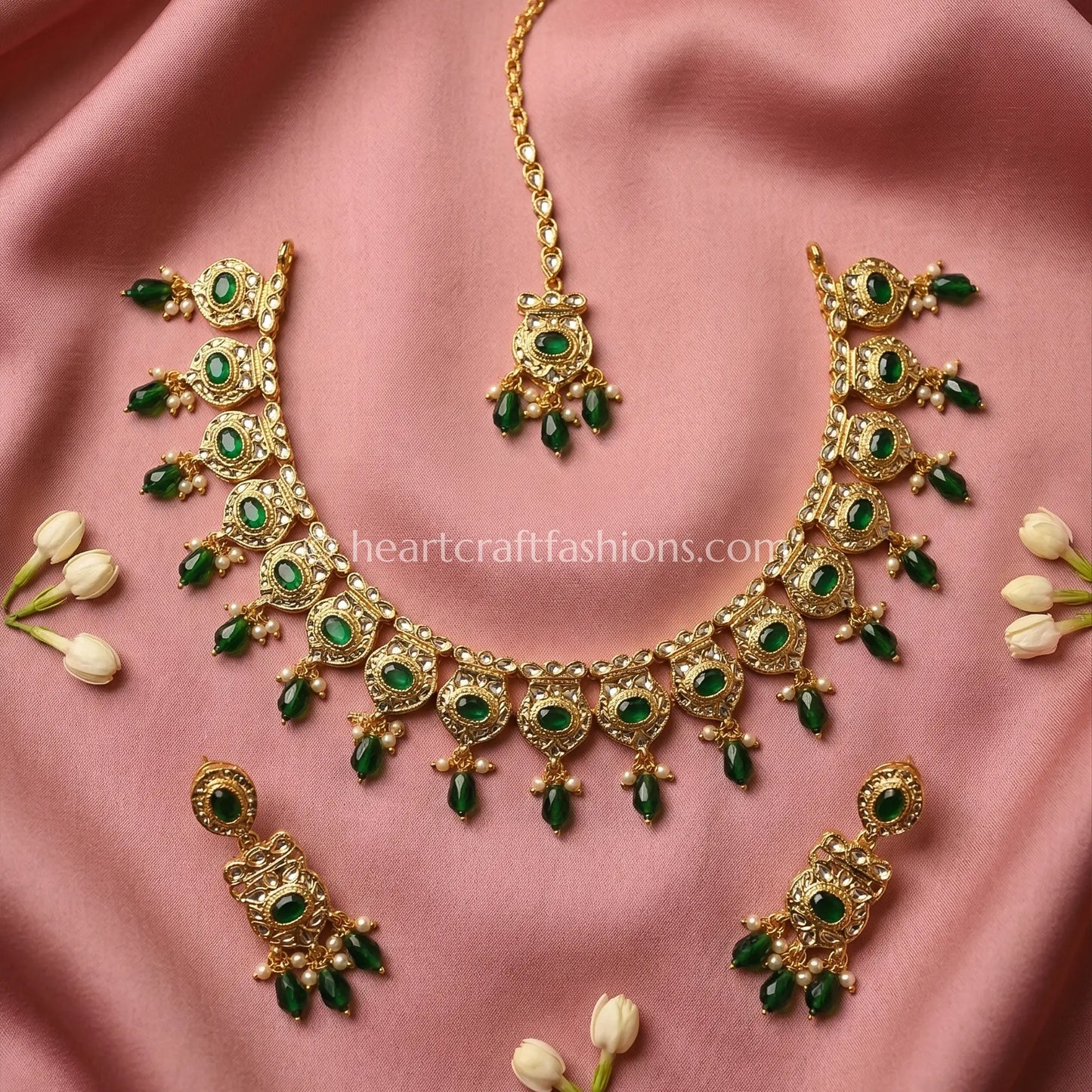 Ahmedabadi Kundan Emerald Drop Royal Choker Set