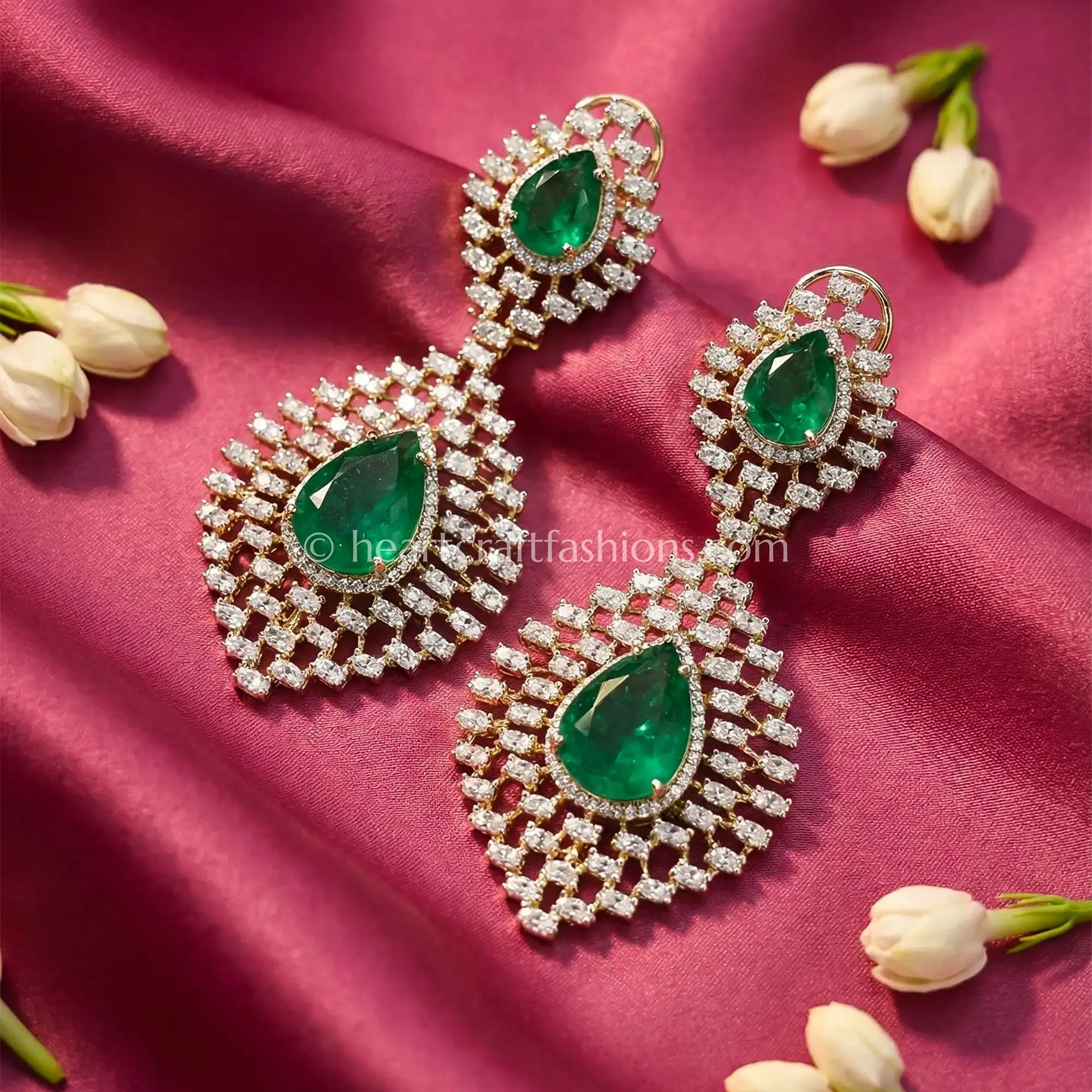 Aarohi Zircon Teardrop Statement Earrings – Emerald Green