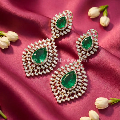 Aarohi Zircon Teardrop Statement Earrings – Emerald Green