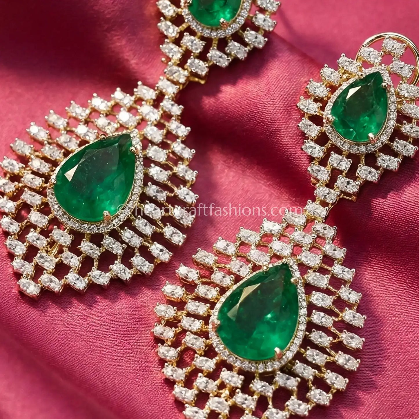 Aarohi Zircon Teardrop Statement Earrings – Emerald Green