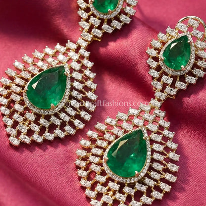 Aarohi Zircon Teardrop Statement Earrings – Emerald Green