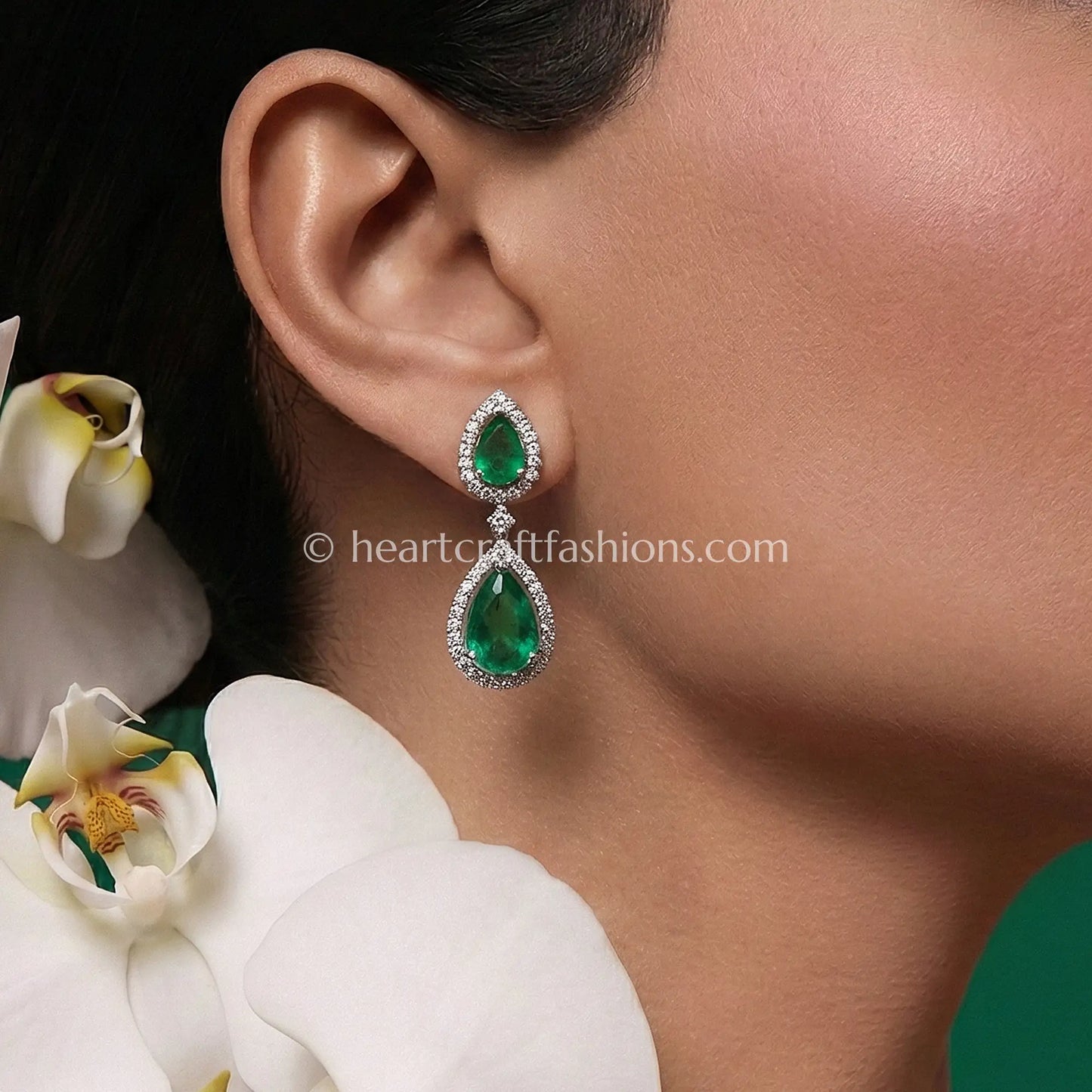 Aarohi Zircon Teardrop Statement Earrings – Emerald Green