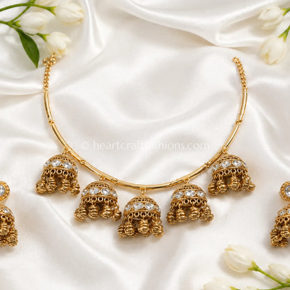 Amrapali-Inspired Antique Gold Hasli with Multi-Jhumka Charms & Kundan Accents