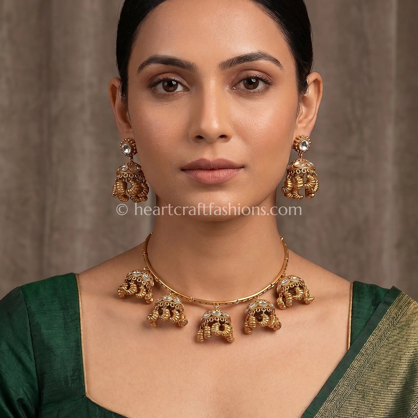Amrapali-Inspired Antique Gold Hasli with Multi-Jhumka Charms & Kundan Accents
