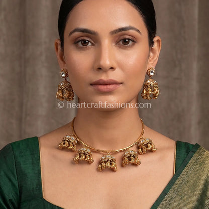 Amrapali-Inspired Antique Gold Hasli with Multi-Jhumka Charms & Kundan Accents