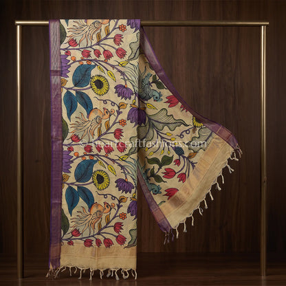 Beige Kalamkari Hand Painted Bangalore Silk Bird & Floral Dupatta