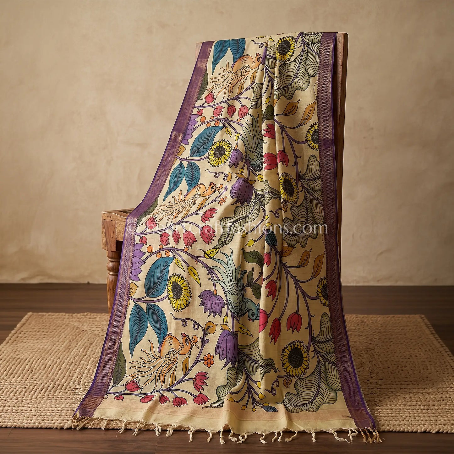 Beige Kalamkari Hand Painted Bangalore Silk Bird & Floral Dupatta
