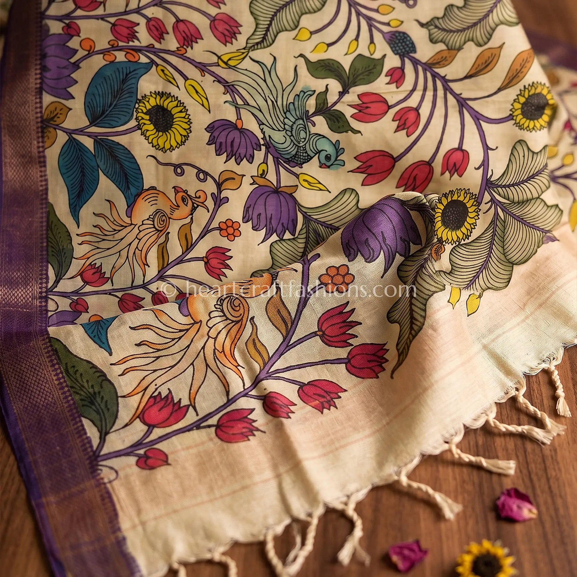 Beige Kalamkari Hand Painted Bangalore Silk Bird & Floral Dupatta