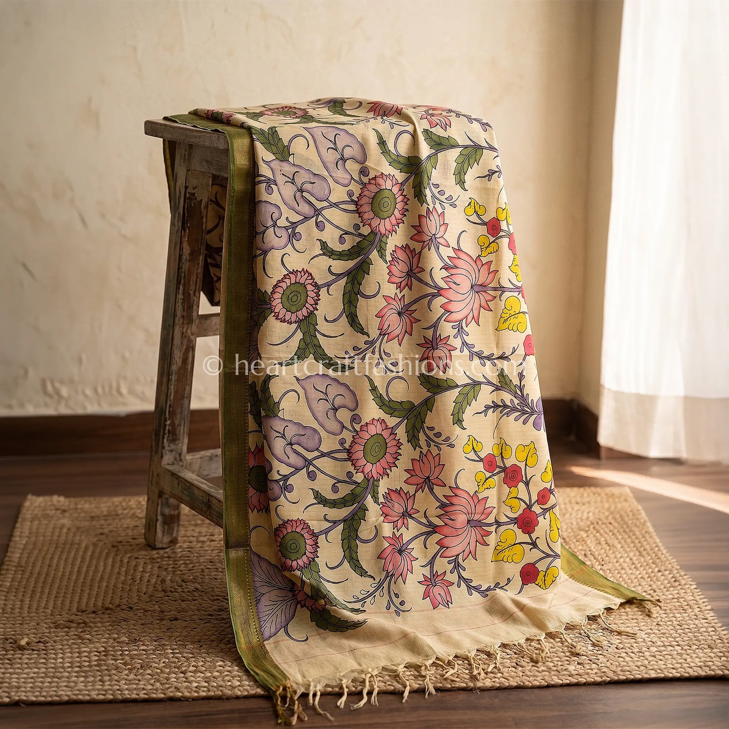 Beige Kalamkari Hand Painted Bangalore Silk Floral Garden Dupatta